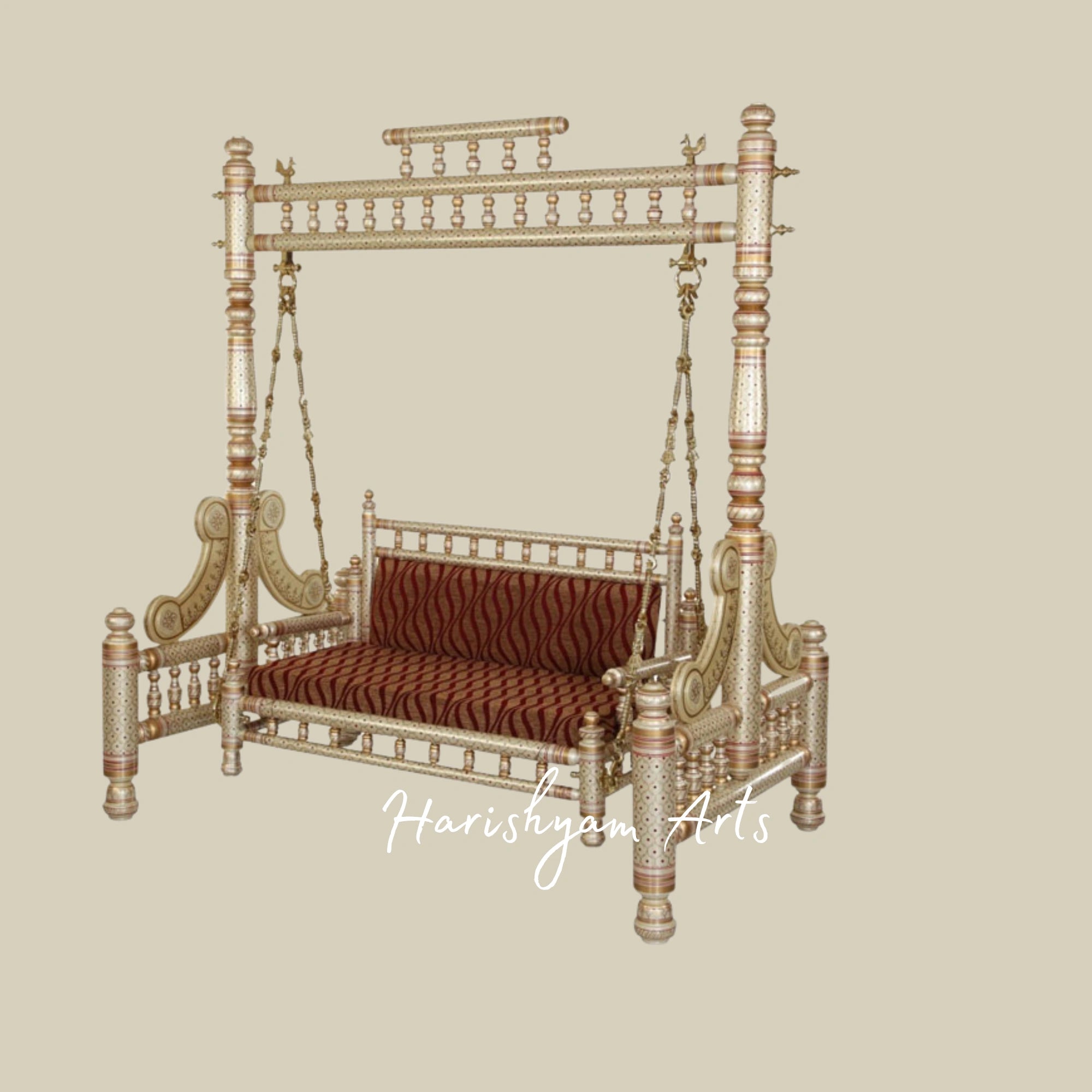 Royal Brass Finish Wooden Jhula Swing with Designer Pillars3