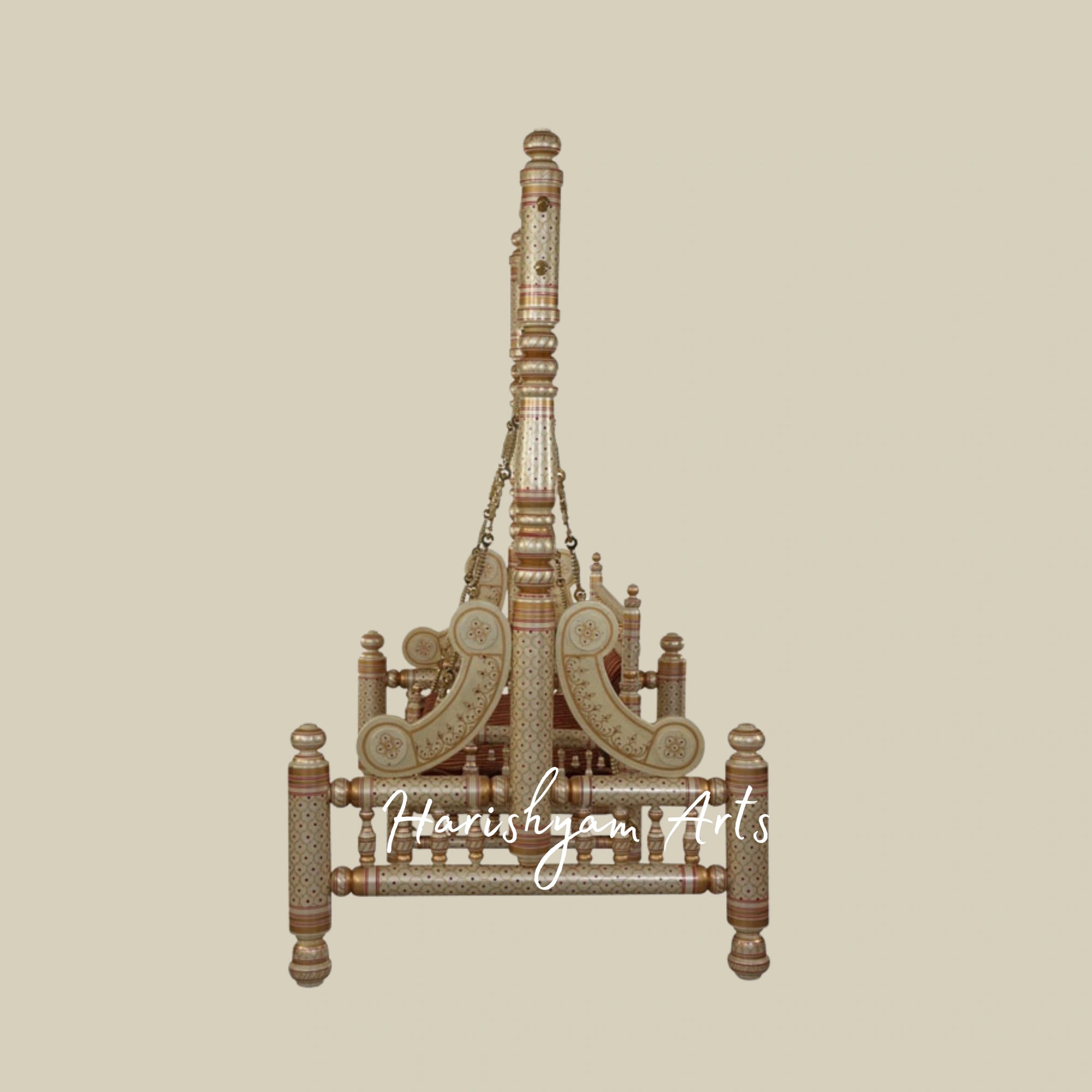 Royal Brass Finish Wooden Jhula Swing with Designer Pillars3