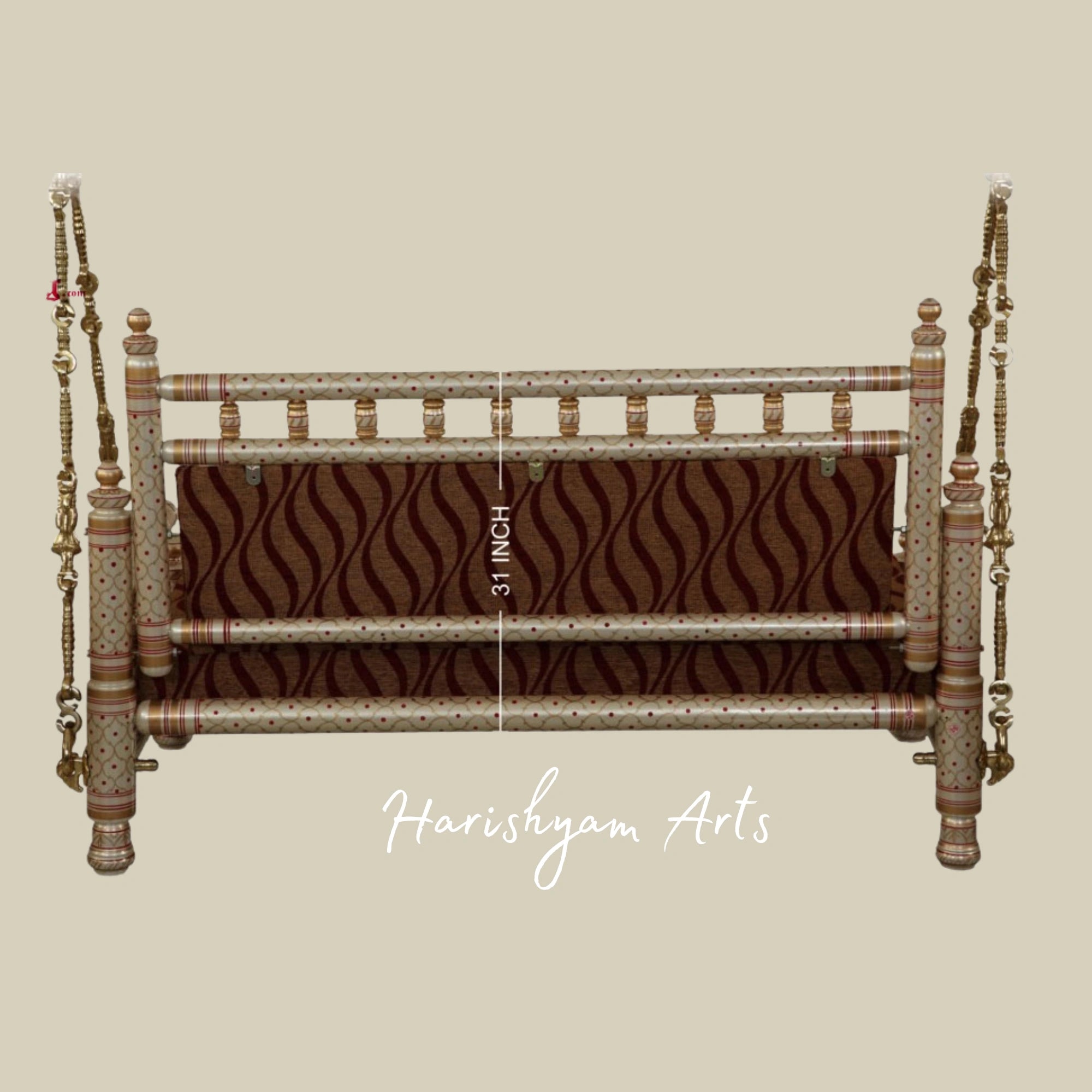 Royal Brass Finish Wooden Jhula Swing with Designer Pillars4