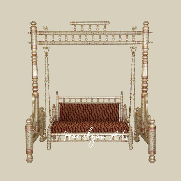 Royal Brass Finish Wooden Jhula Swing with Designer Pillars