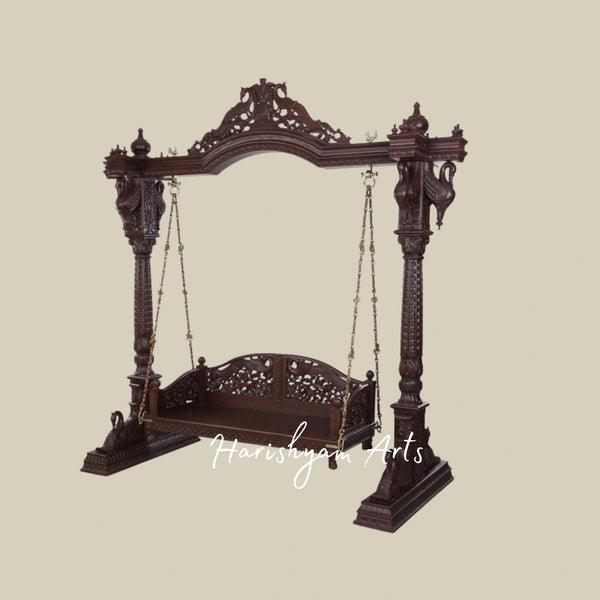 Royal Dark Teak Wooden Jhula Swing with Peacock Carvings