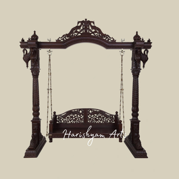 Royal Dark Teak Wooden Jhula Swing with Peacock Carvings