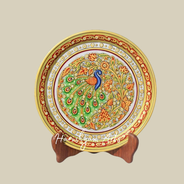 Royal Gold & Red Marble Round Plate – Exquisite Decorative Showpiece
