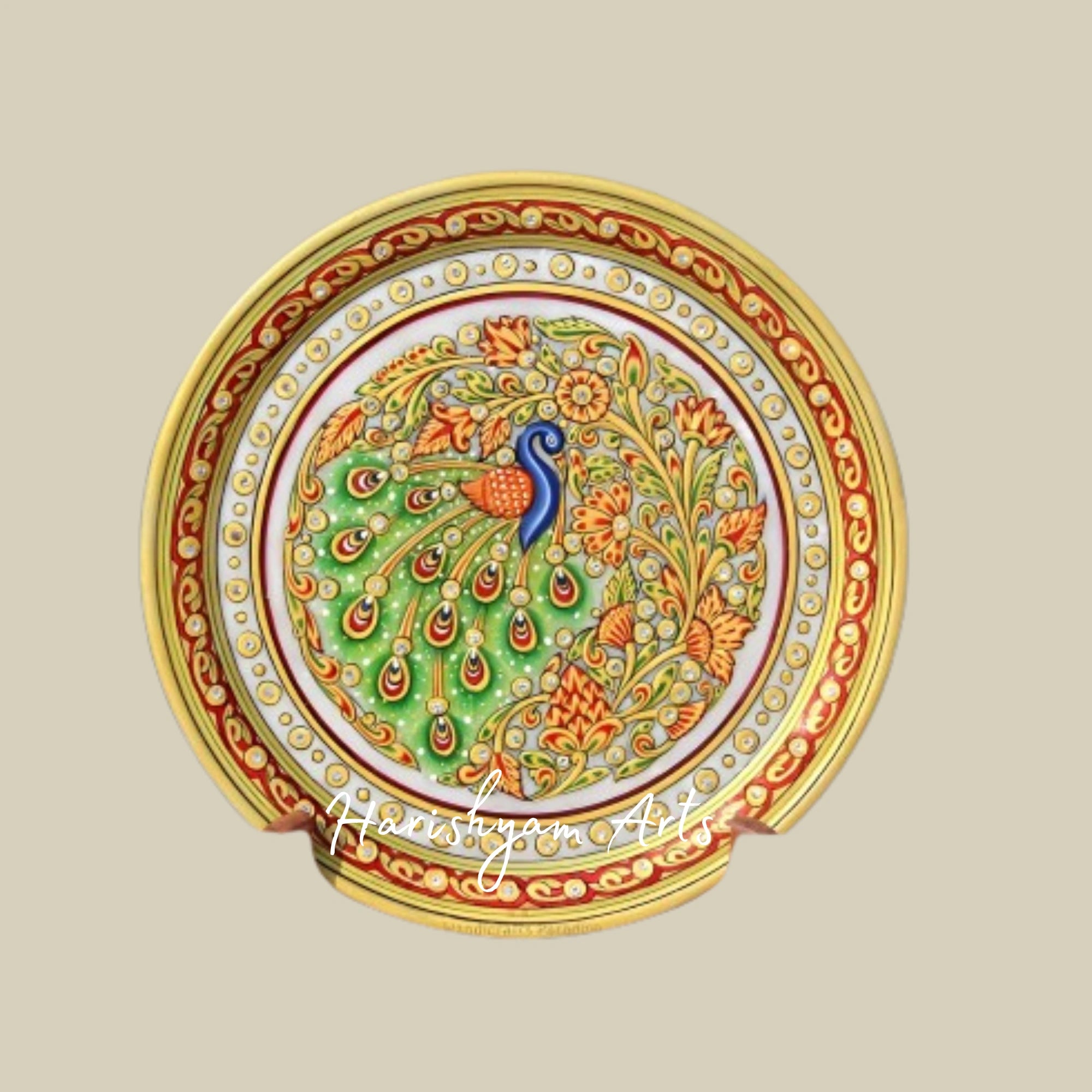 Royal Gold & Red Marble Round Plate – Exquisite Decorative Showpiece
