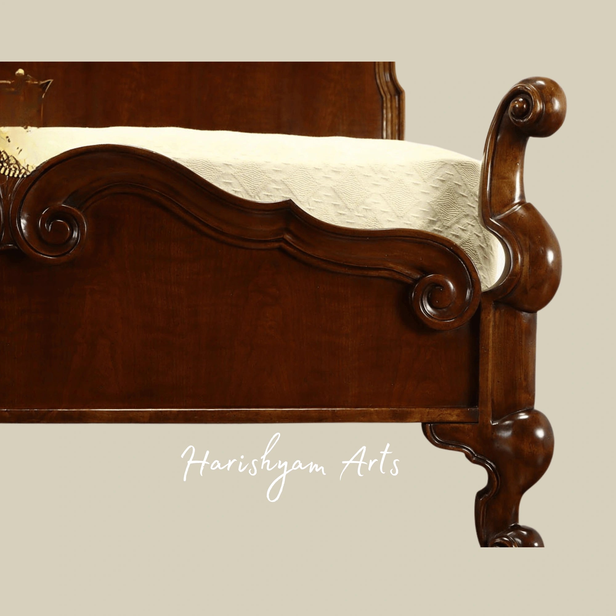 Royal Handcrafted Wooden Bed with Curved Headboard