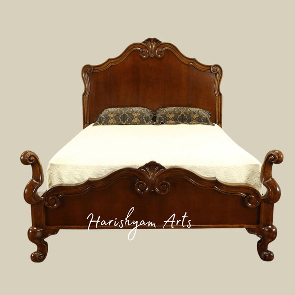 Royal Handcrafted Wooden Bed with Curved Headboard