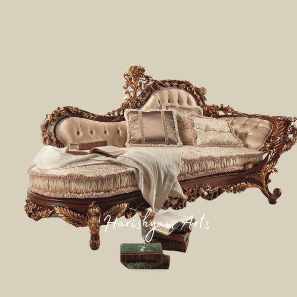 Royal Heritage Handcrafted Wooden Diwan Sofa with Antique Carved Detailing and Classic Upholstery