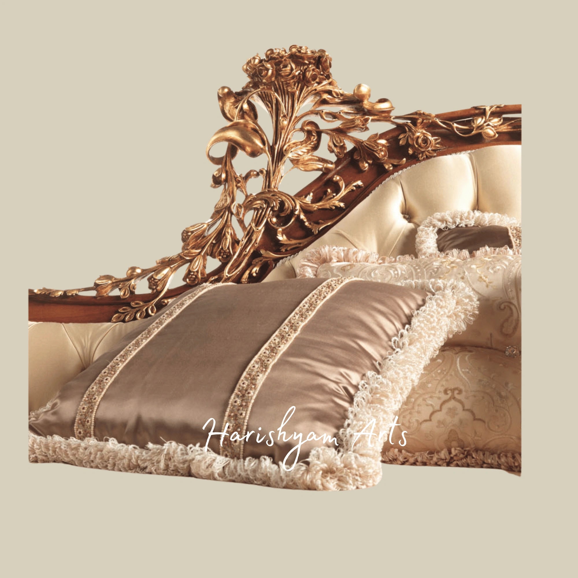 Royal Heritage Handcrafted Wooden Diwan Sofa with Antique Carved Detailing and Classic Upholstery2