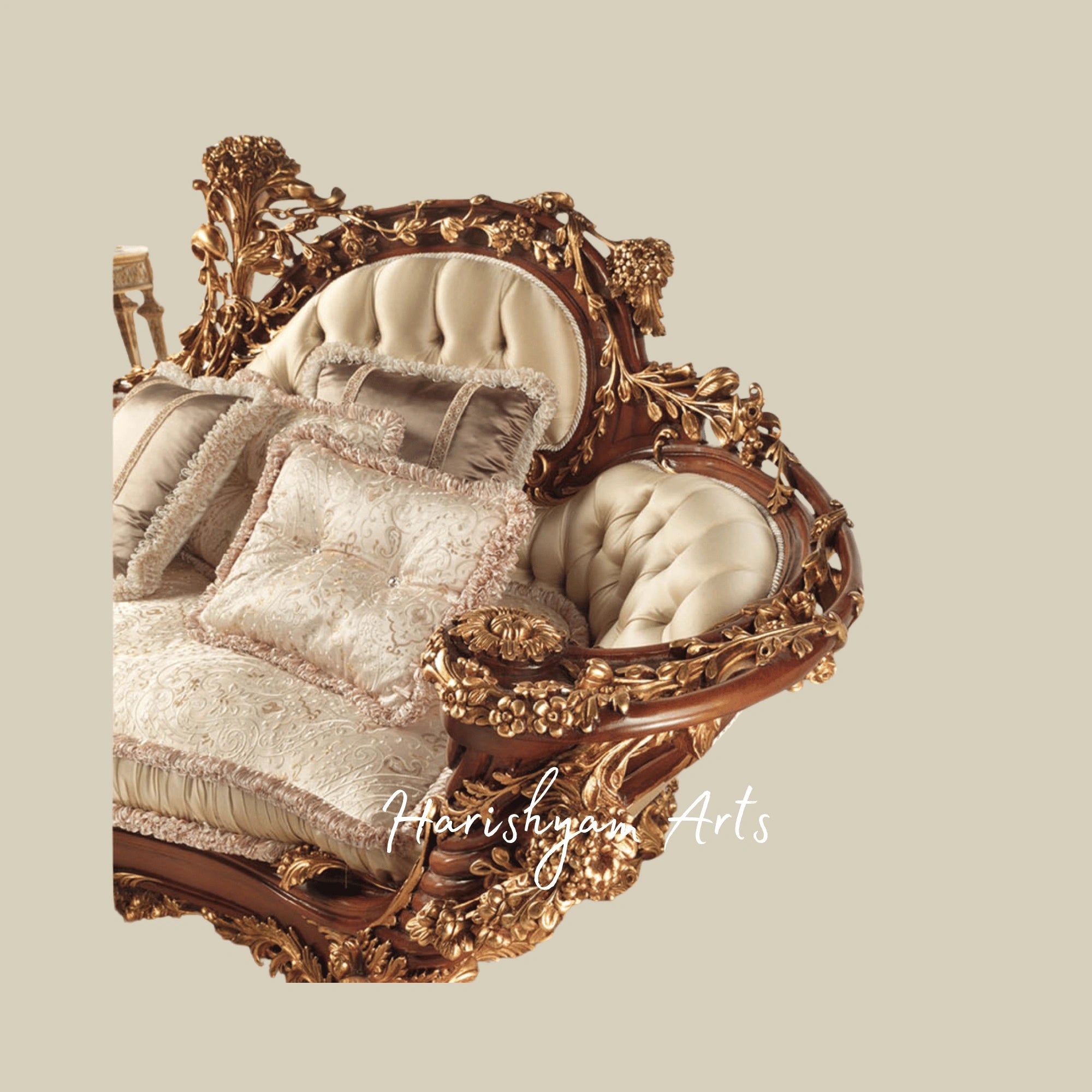 Royal Heritage Handcrafted Wooden Diwan Sofa with Antique Carved Detailing and Classic Upholstery3