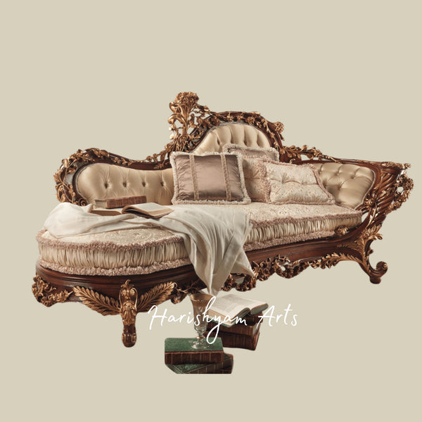 Royal Heritage Handcrafted Wooden Diwan Sofa with Antique Carved Detailing and Classic Upholstery