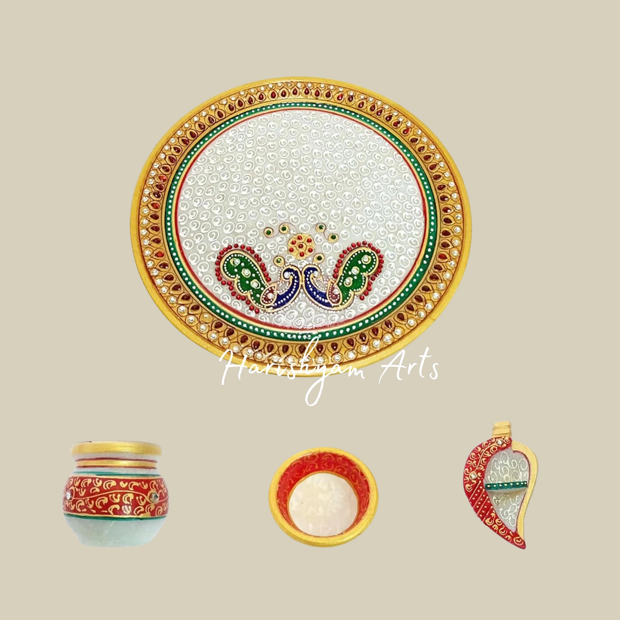 Royal Rajasthani Marble Puja Thali Hand Painted with Kundan Work Diya Sindoor Holder and Lota