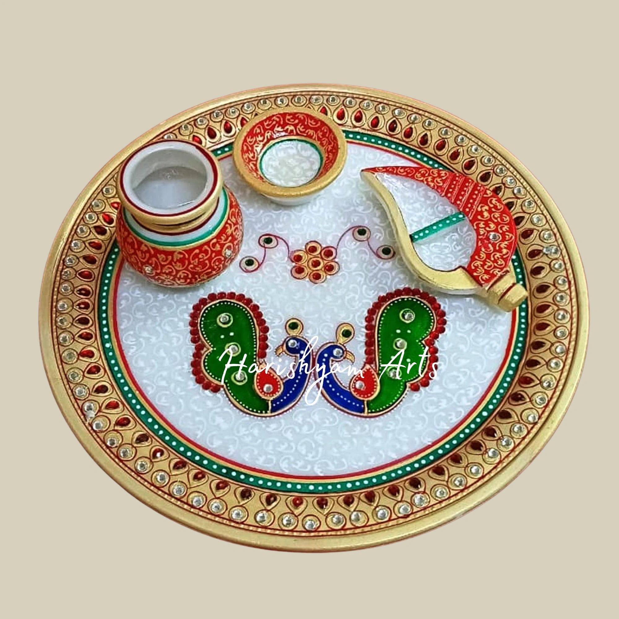 Royal Rajasthani Marble Puja Thali Hand Painted with Kundan Work Diya Sindoor Holder and Lota