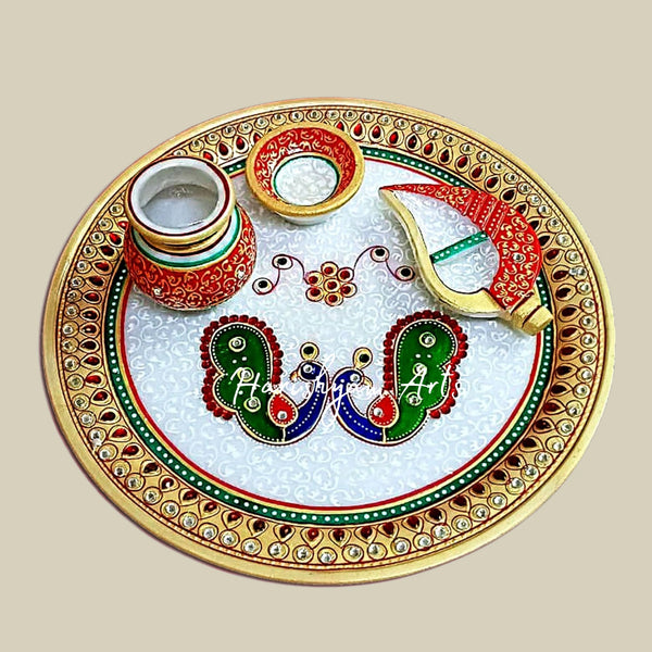 Royal Rajasthani Marble Puja Thali Hand Painted with Kundan Work Diya Sindoor Holder and Lota