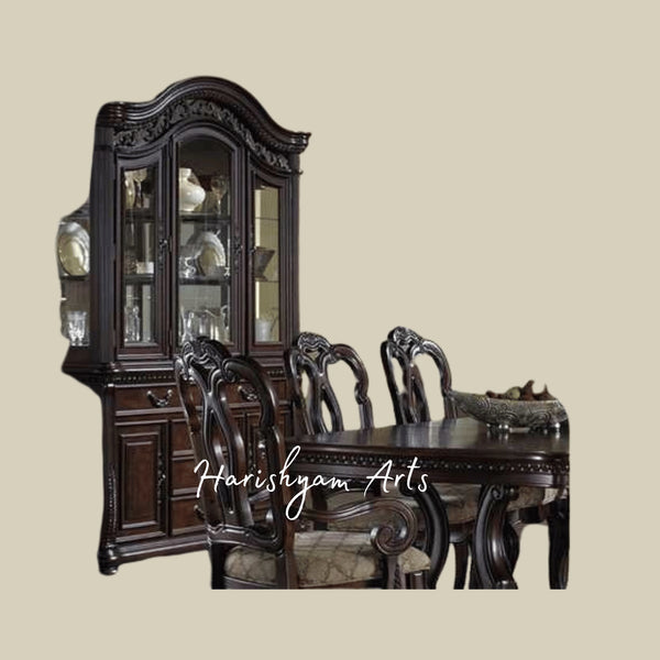 Royal Victorian Arched Glass Crockery Display Cabinet with Carved Columns and Ornate Wooden Doors