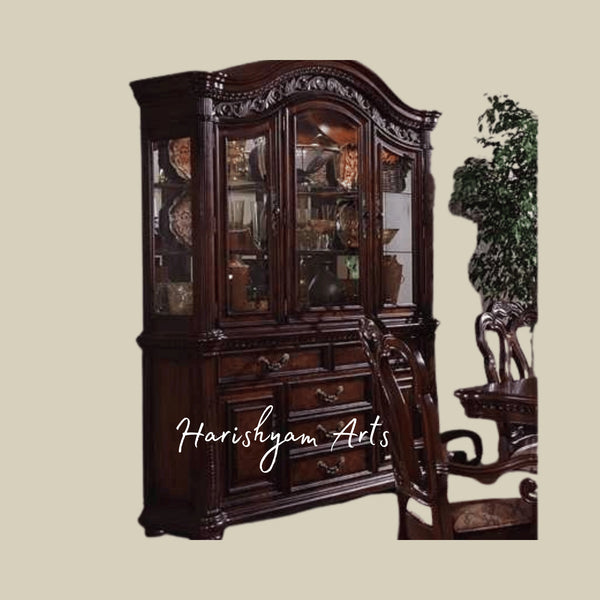 Royal Victorian Arched Glass Crockery Display Cabinet with Carved Columns and Ornate Wooden Doors
