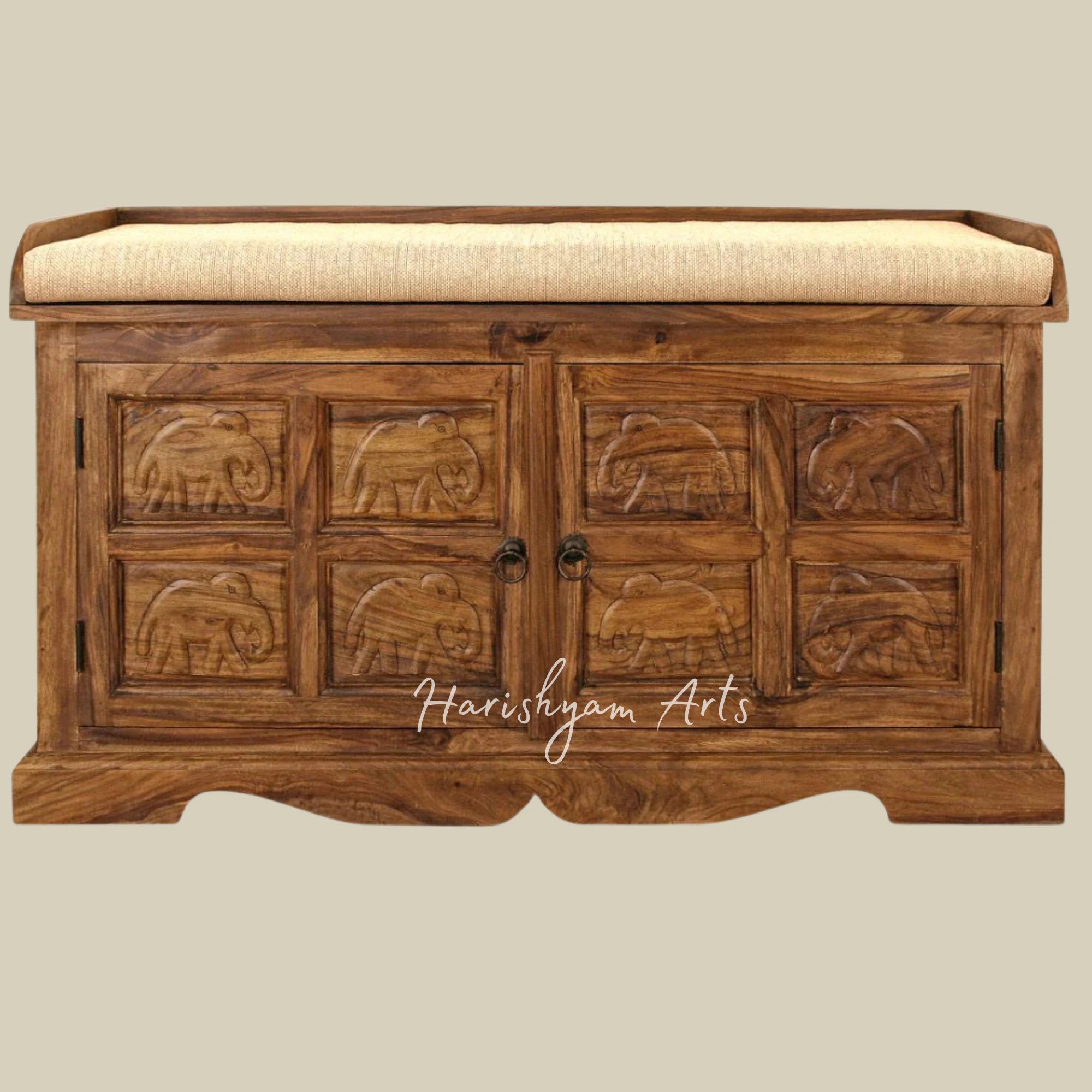 Royal Wooden Shoe Rack with Seating & Elephant Carved Panels