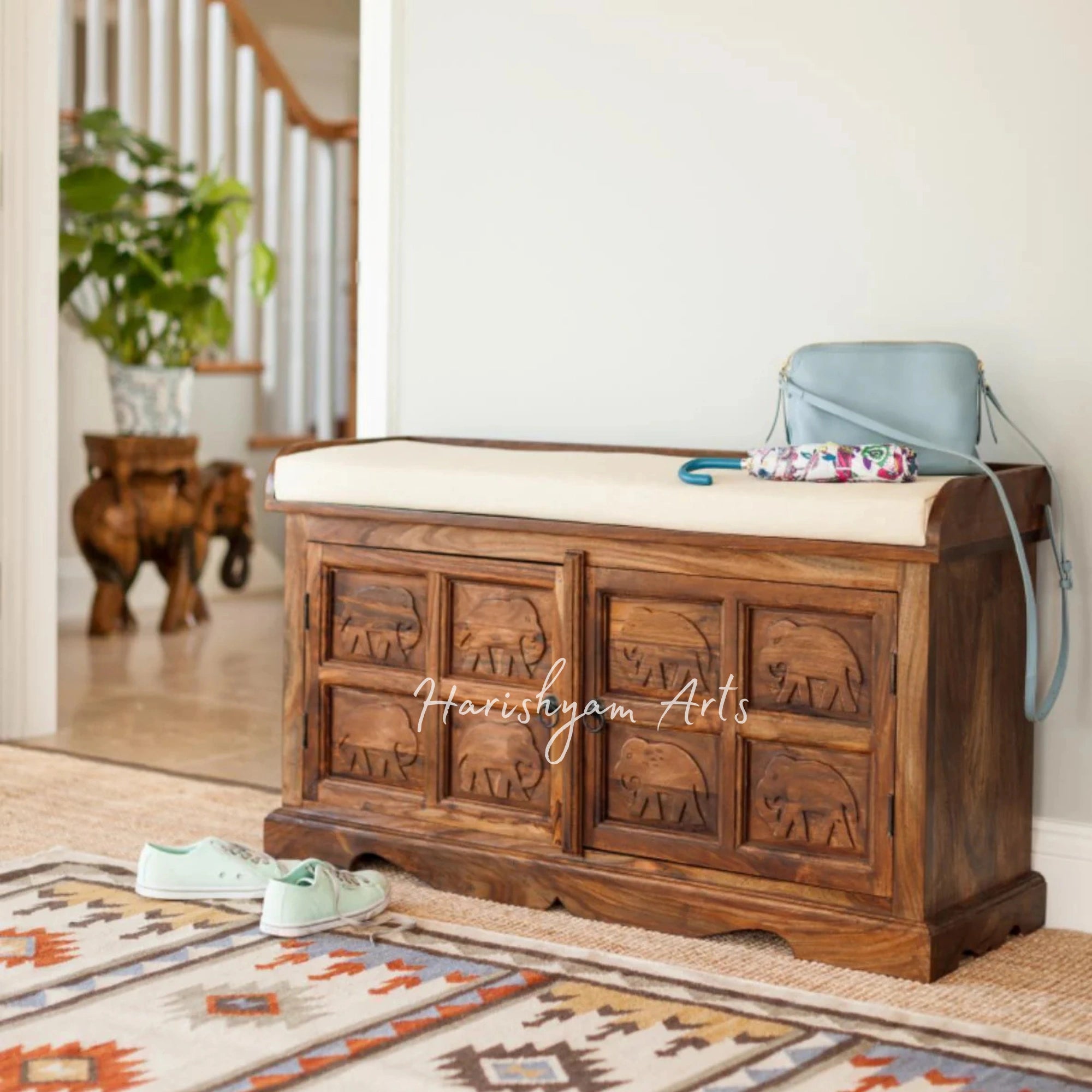 Royal Wooden Shoe Rack with Seating & Elephant Carved Panels