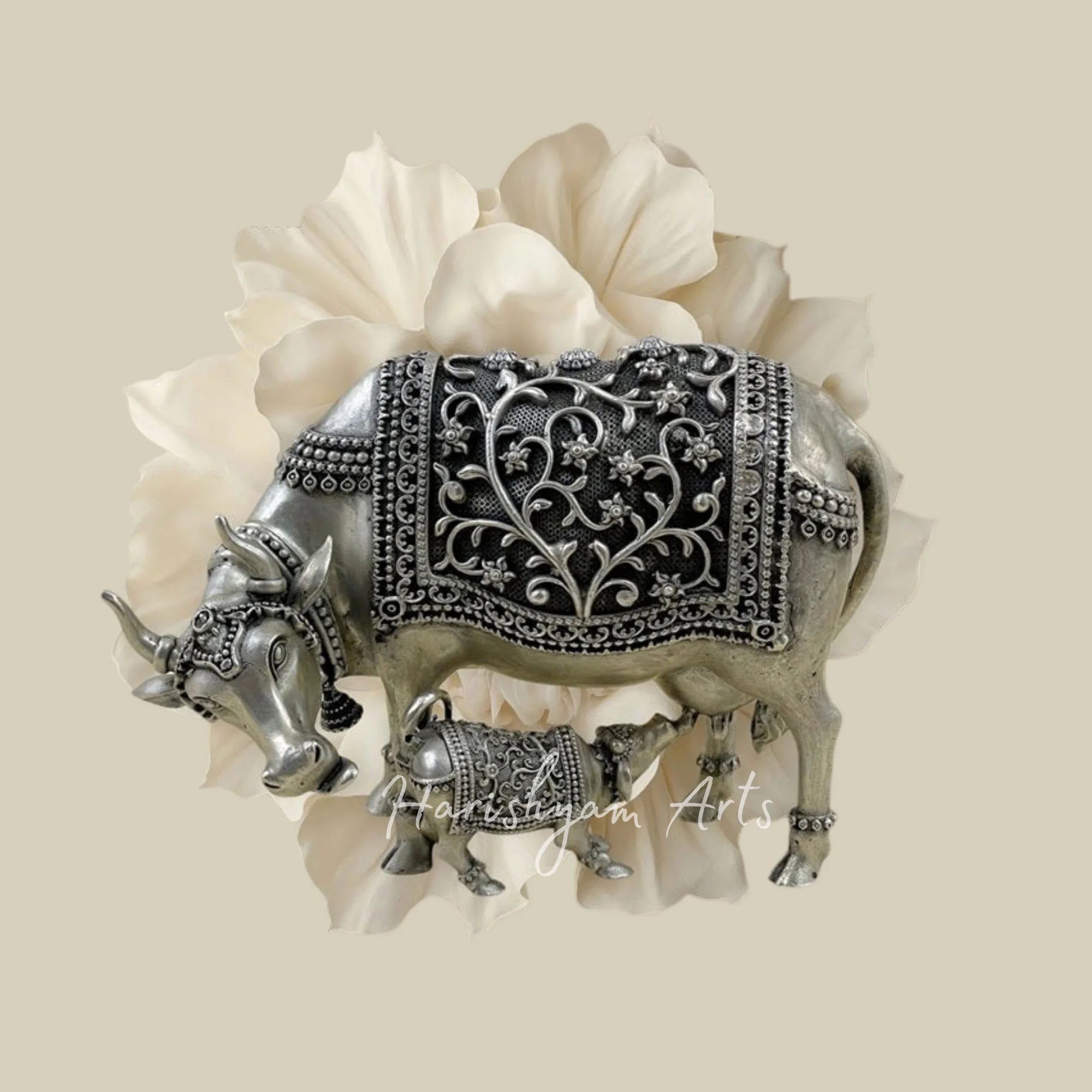 Sacred Cow and Calf Divine Oxidised Gold Idol