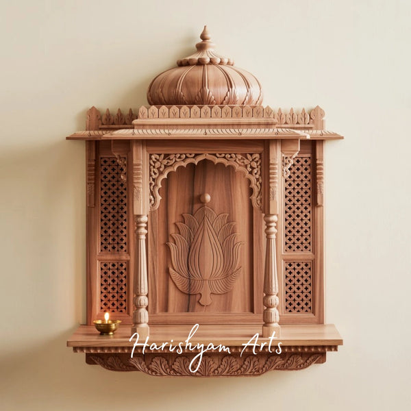 Sacred Lotus Carved Teak Wood Mandir – Wall Hanging