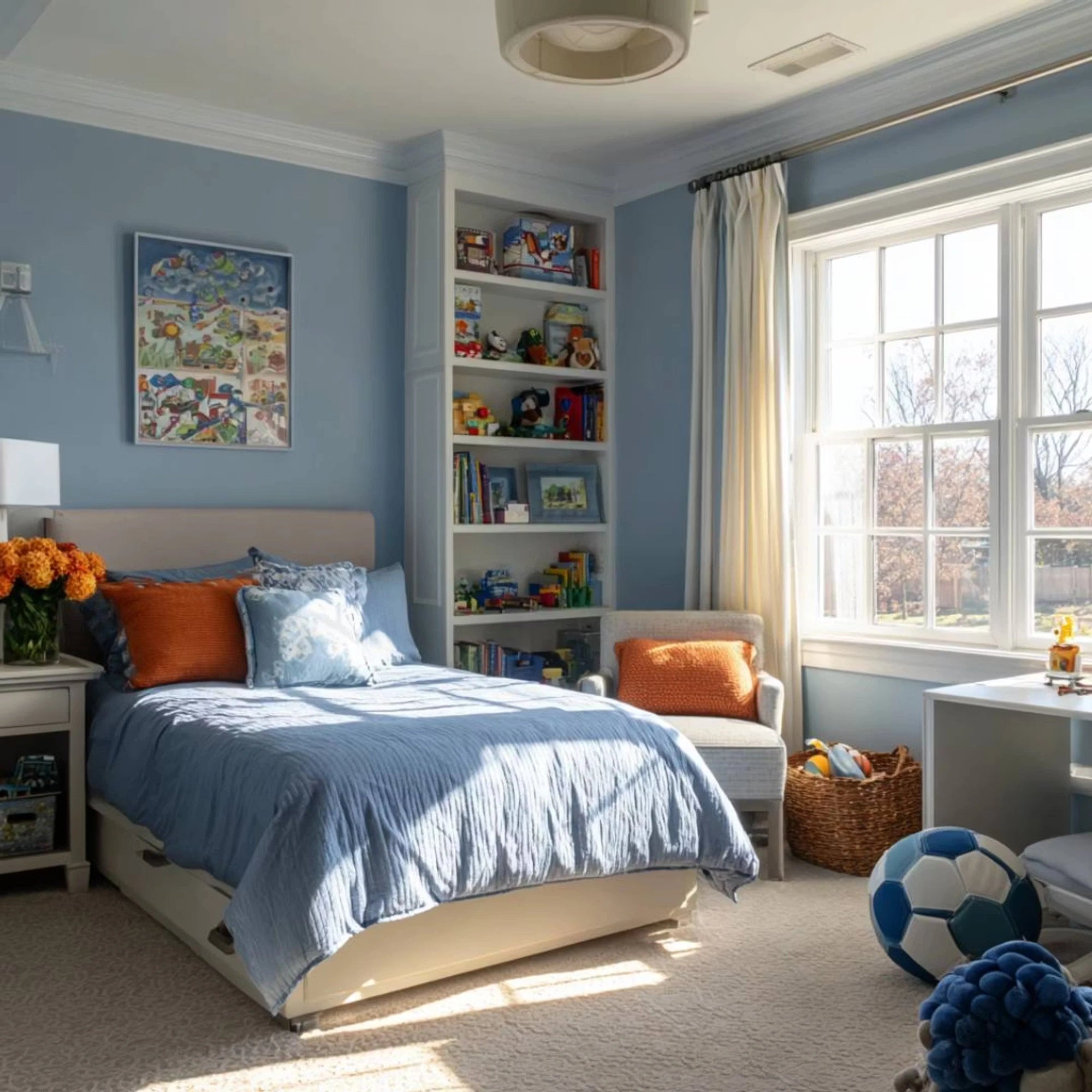 Serene Blue Kids Room Design Featuring Reading Nook and Ample Storage