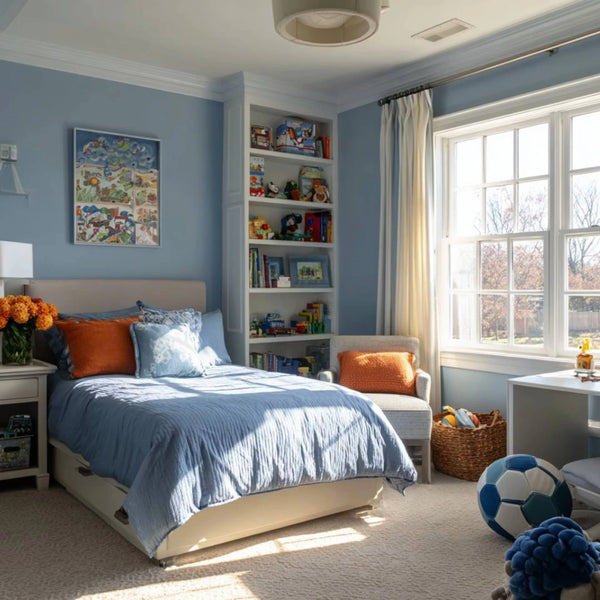 Serene Blue Kids Room Design Featuring Reading Nook and Ample Storage