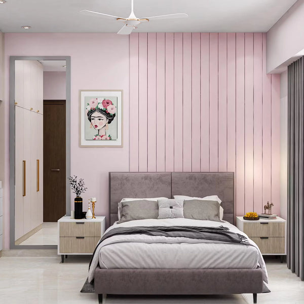Charming Pastel Pink Girl’s Bedroom with Vertical Wall Panels and Built-in Wardrobes