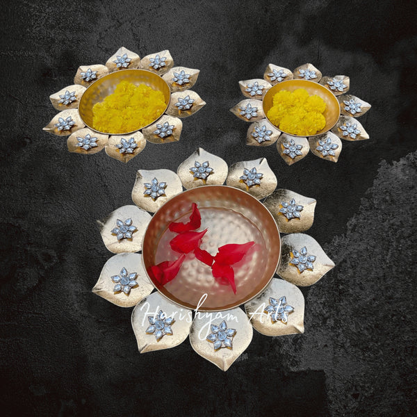Set of 3 Lotus-Shaped Metallic Urlis with Colorful Stone Inlay Design