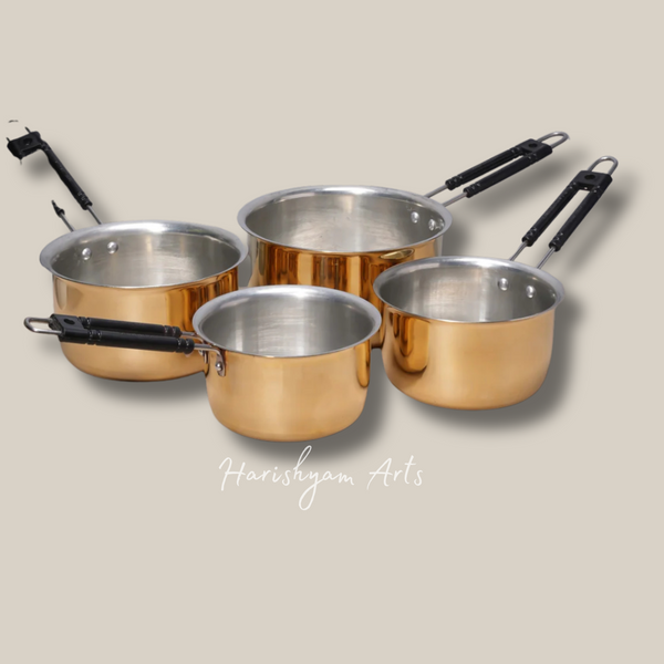 Set of Four Heavy Brass Saucepans for Versatile Cooking Needs