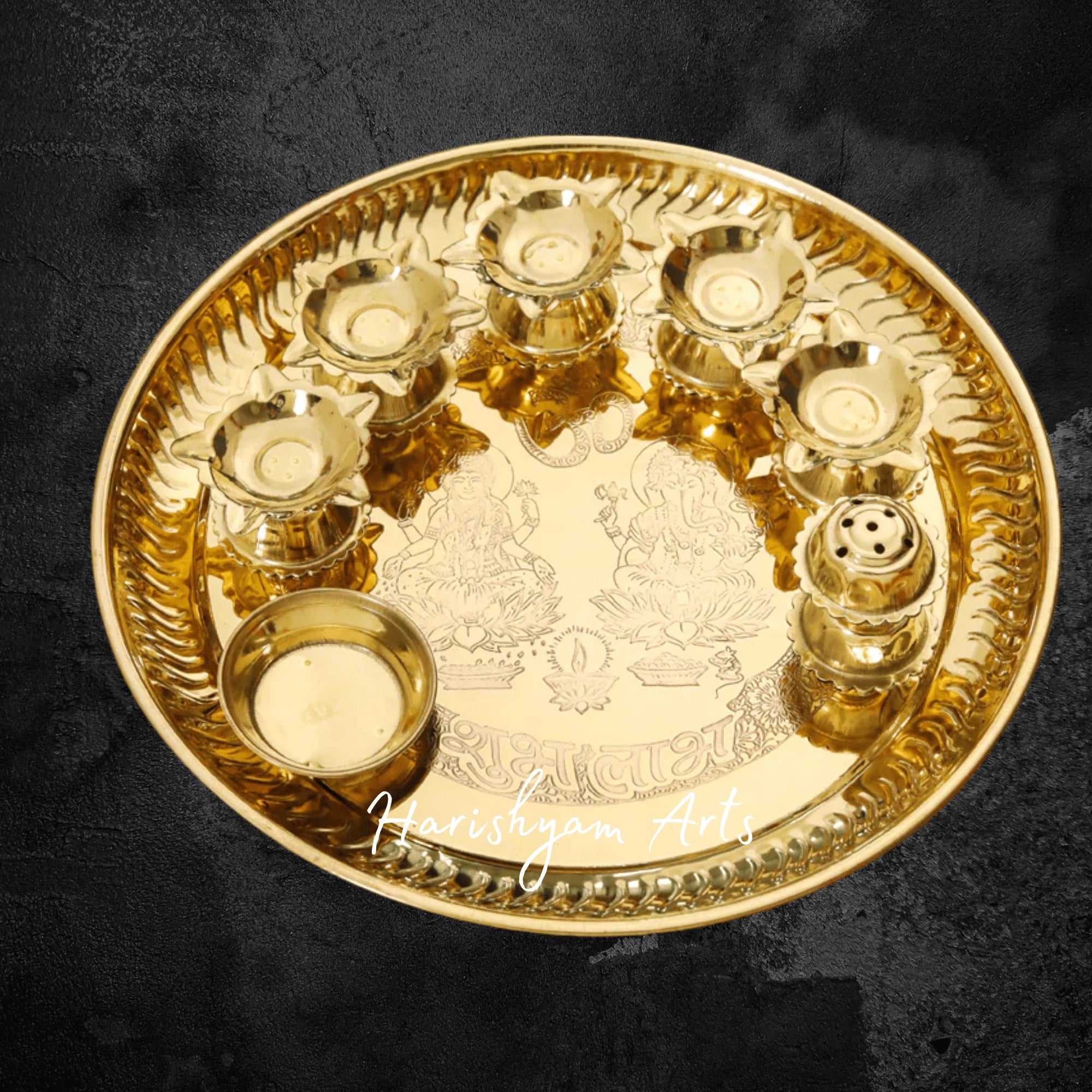 Seven Diya Brass Puja Thali for Mandir Aarti and Devotional Use