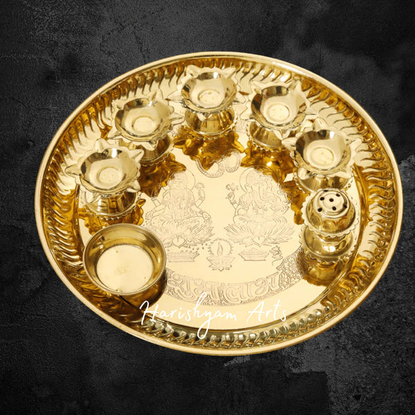 Seven Diya Brass Puja Thali for Mandir Aarti and Devotional Use