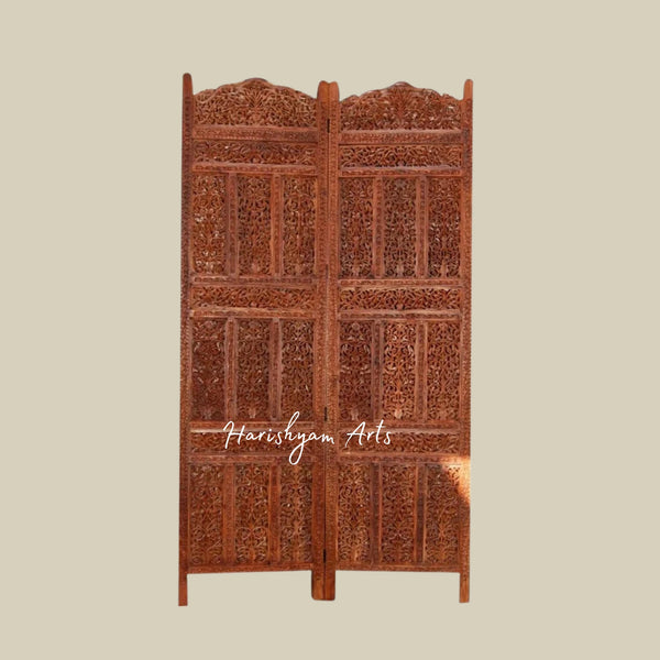Sheesham Wood 4 Panel Room Divider with Traditional Carvings for Living Room