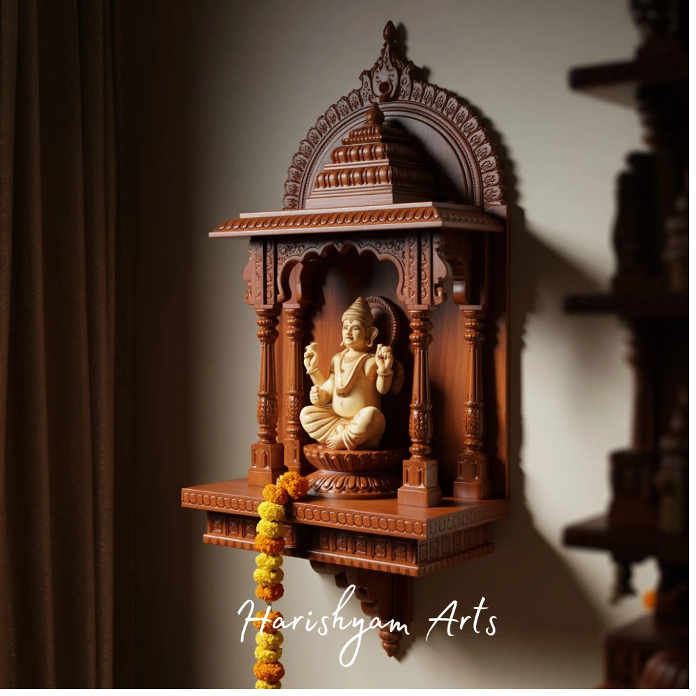 Siddhivinayak Teak Wood Wall Mandir with Ganesha Idol and Dome Arch Design