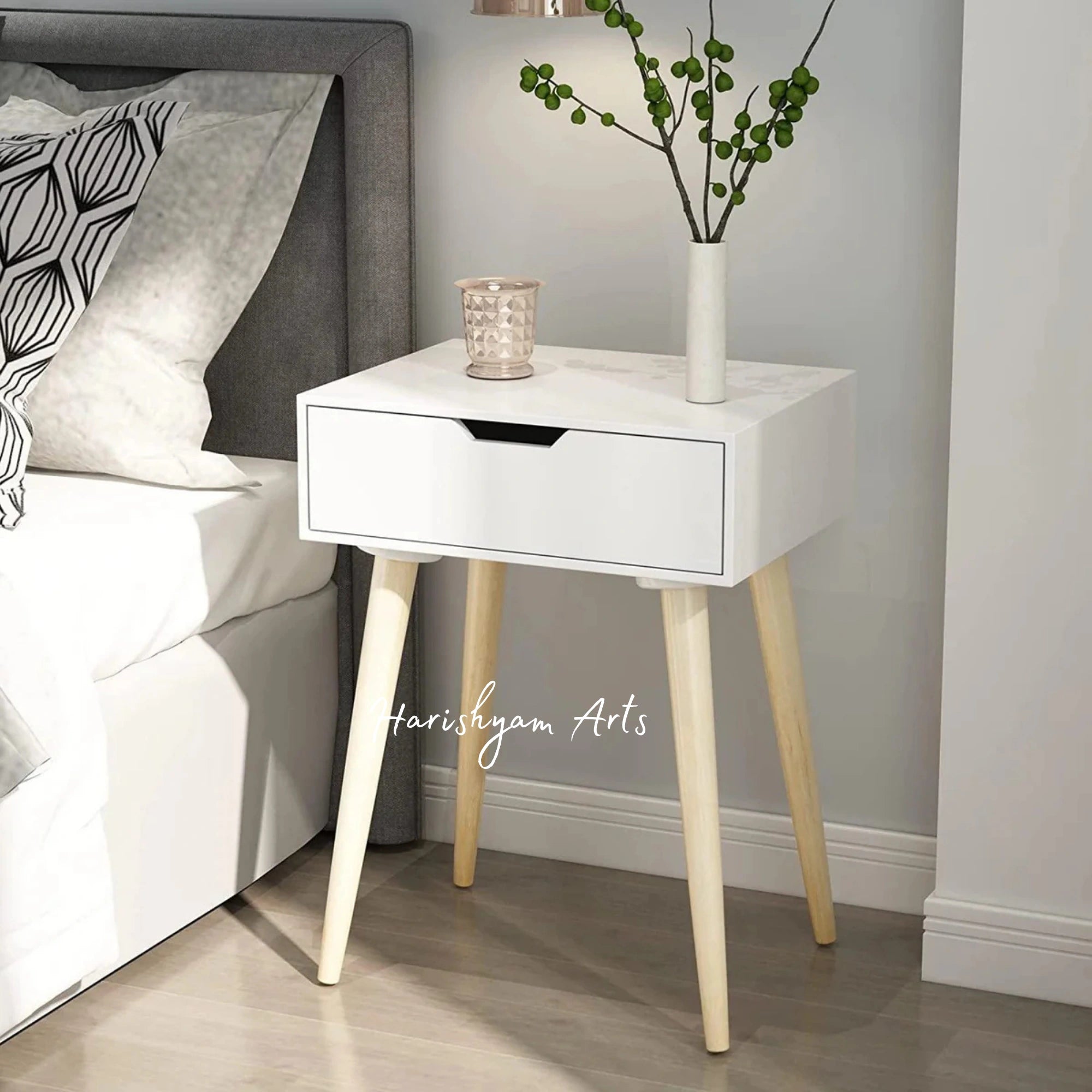 Sleek White Bedside Table with Storage