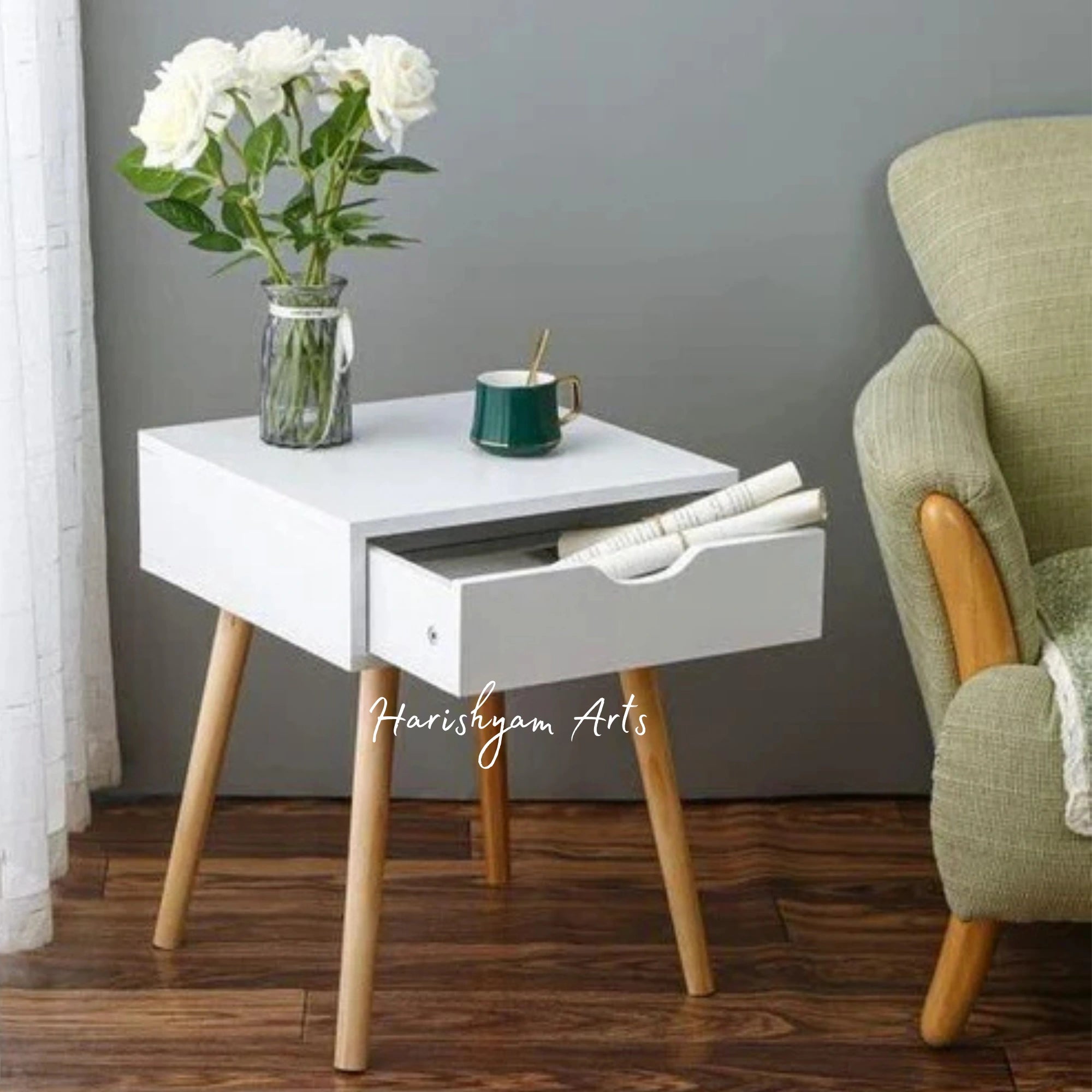 Sleek White Bedside Table with Storage