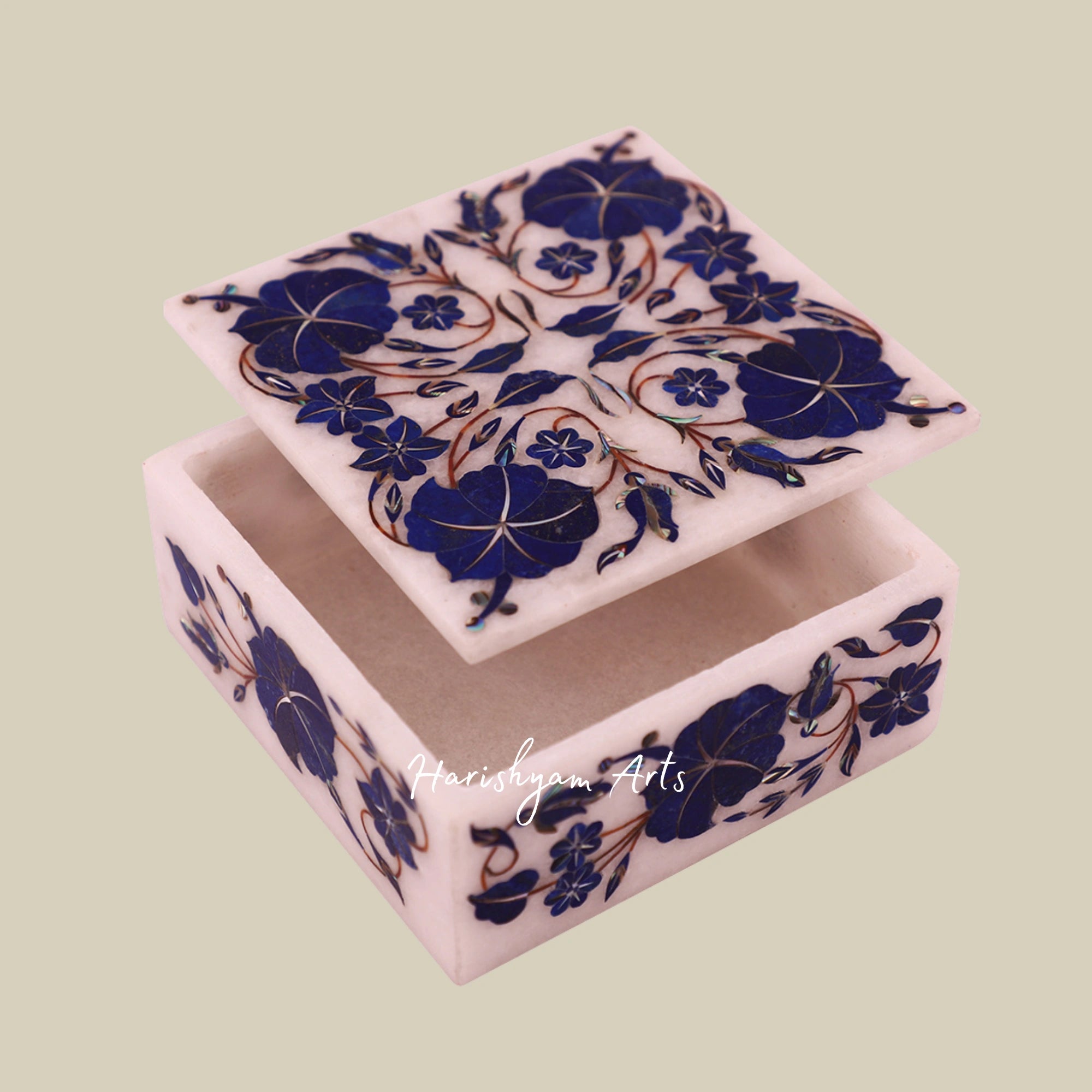 Square White Marble Art Box with Lapis Lazuli Stone Inlay for Jewelry Storage1