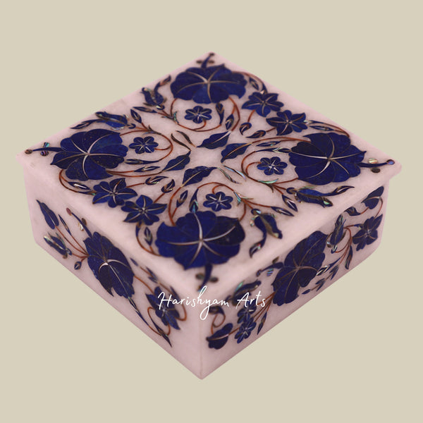 Square White Marble Art Box with Lapis Lazuli Stone Inlay for Jewelry Storage