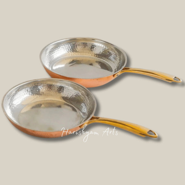 Steel and Copper Frying Pan with Hammered Finish and Tin Lining for Daily Cooking