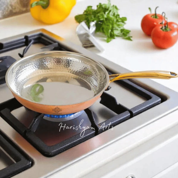 Steel and Copper Frying Pan with Hammered Finish and Tin Lining for Daily Cooking
