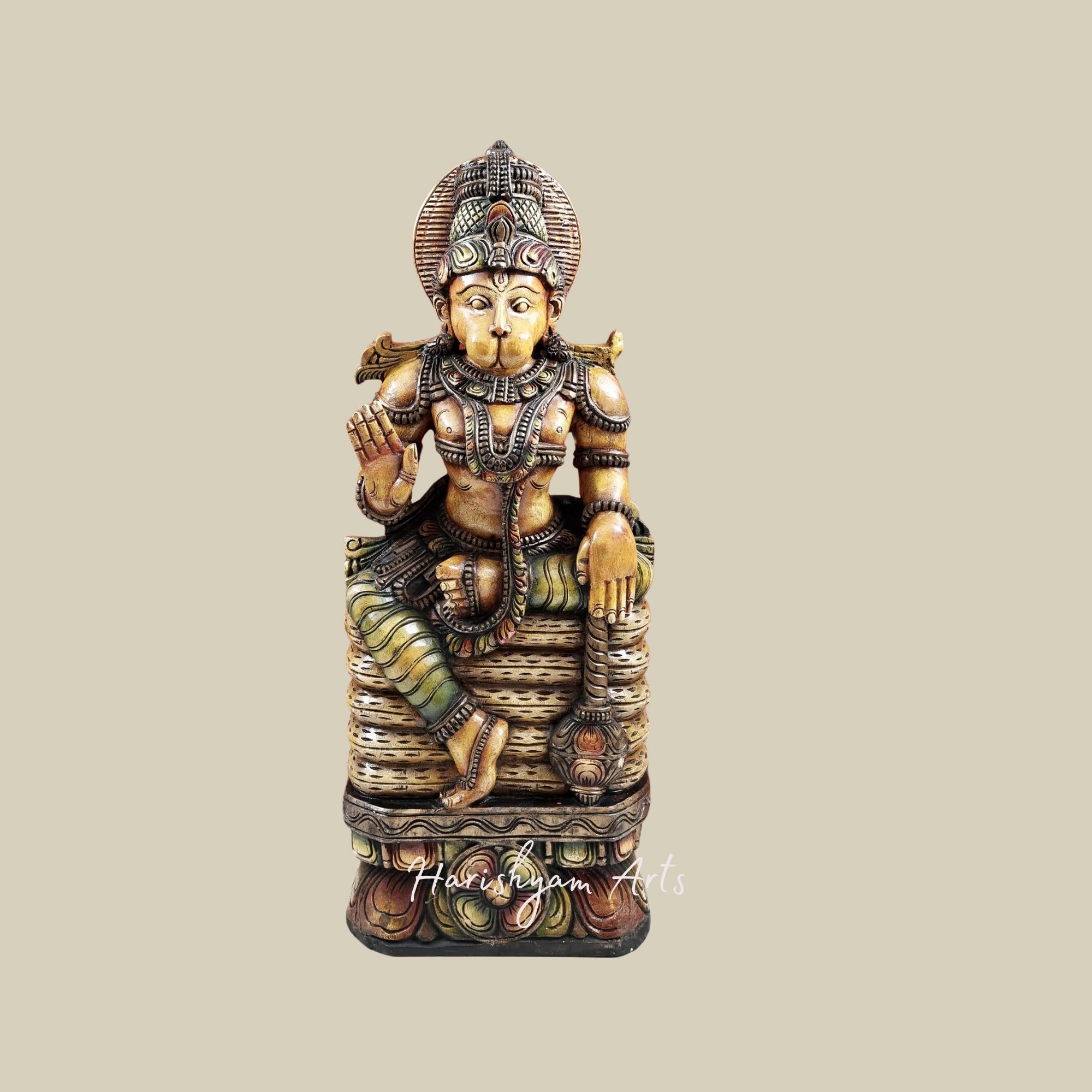 36" Sundarkand Hanuman Meditation Pose Carved Wood Devotional Idol