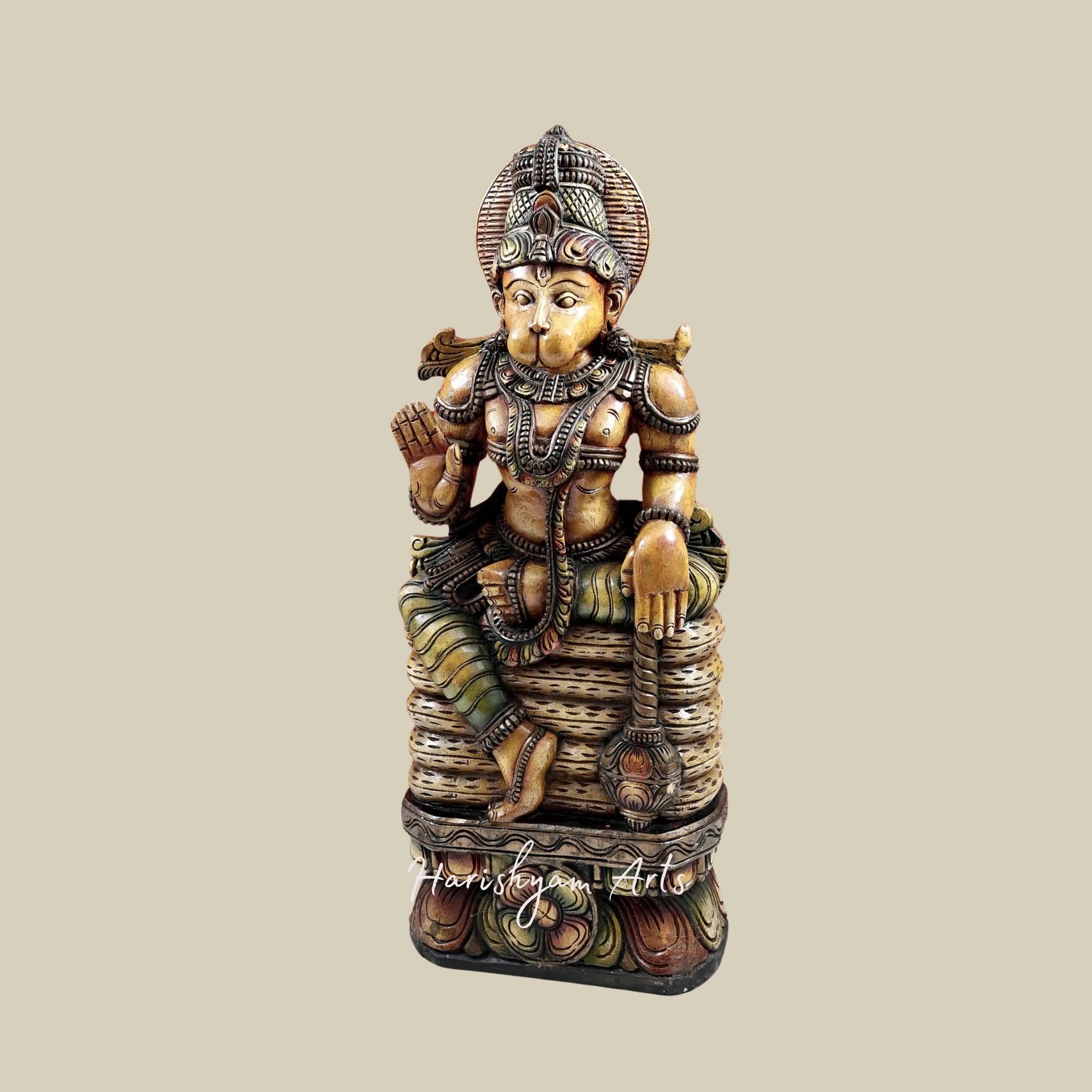 36" Sundarkand Hanuman Meditation Pose Carved Wood Devotional Idol2