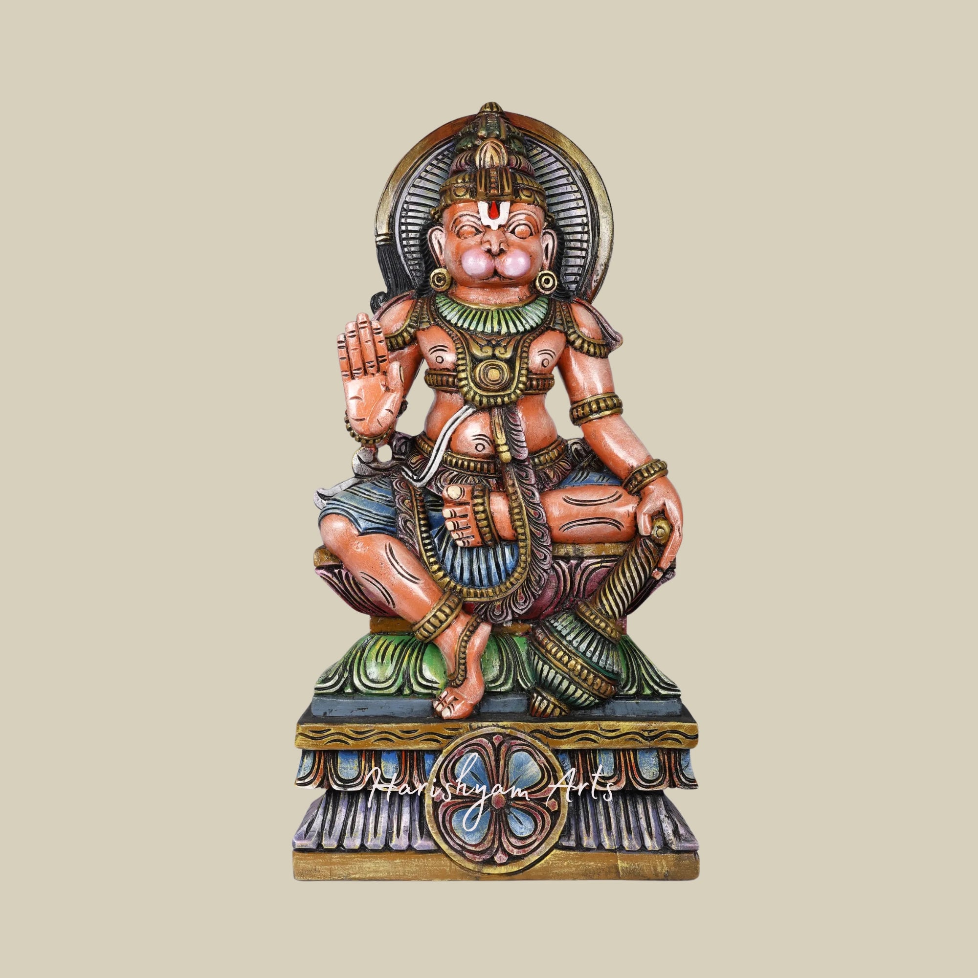 36" Sundarkand Hanuman Meditation Pose Carved Wood Devotional Idol3