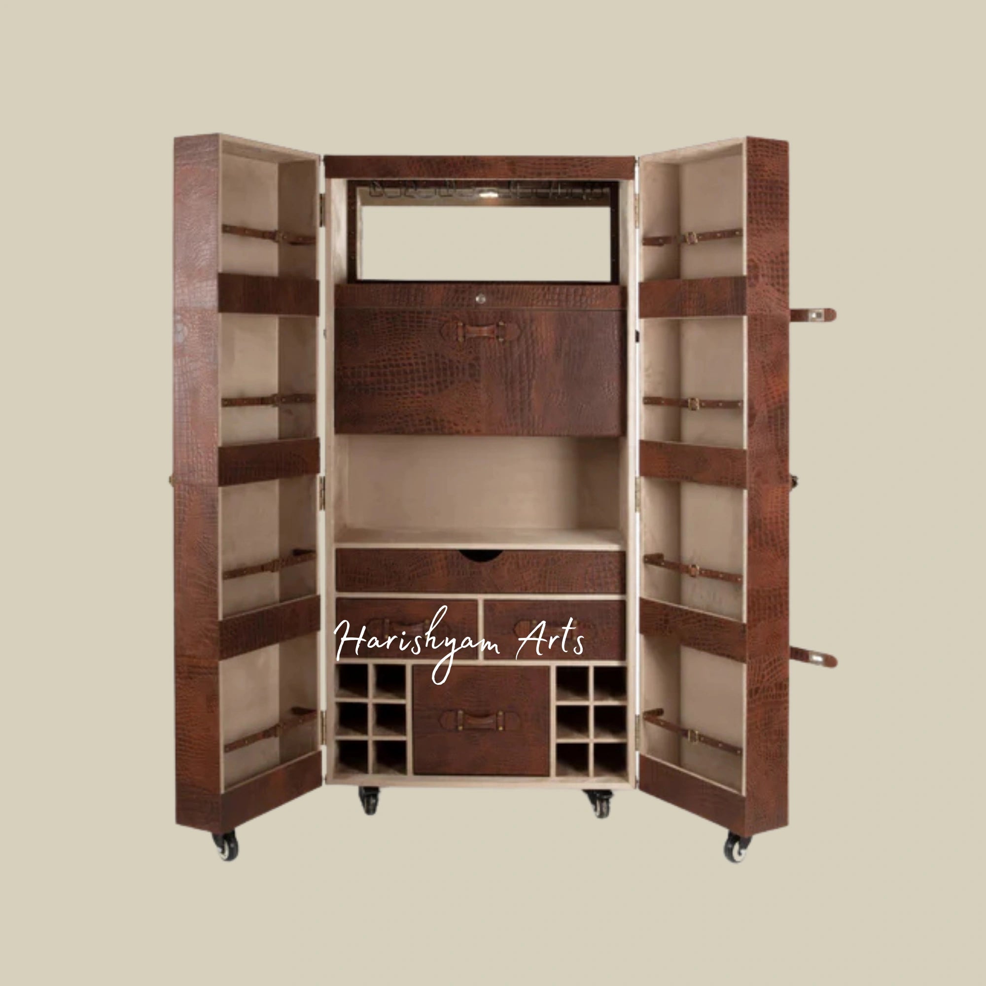 Tall Leather Finish Home Bar Cabinet with Storage