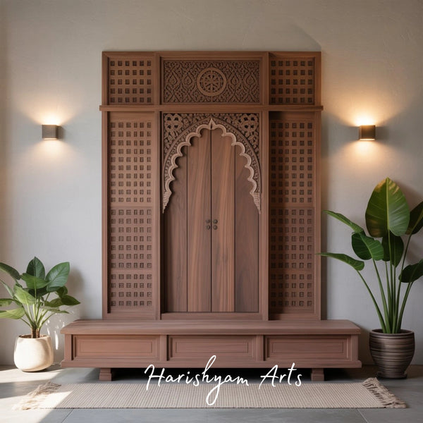 Teak Wood Mandir with Doors Modern Floor Standing Temple for Home