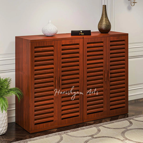 Teak Wood Shoe Rack Cabinet with Unique Wooden Twist Design