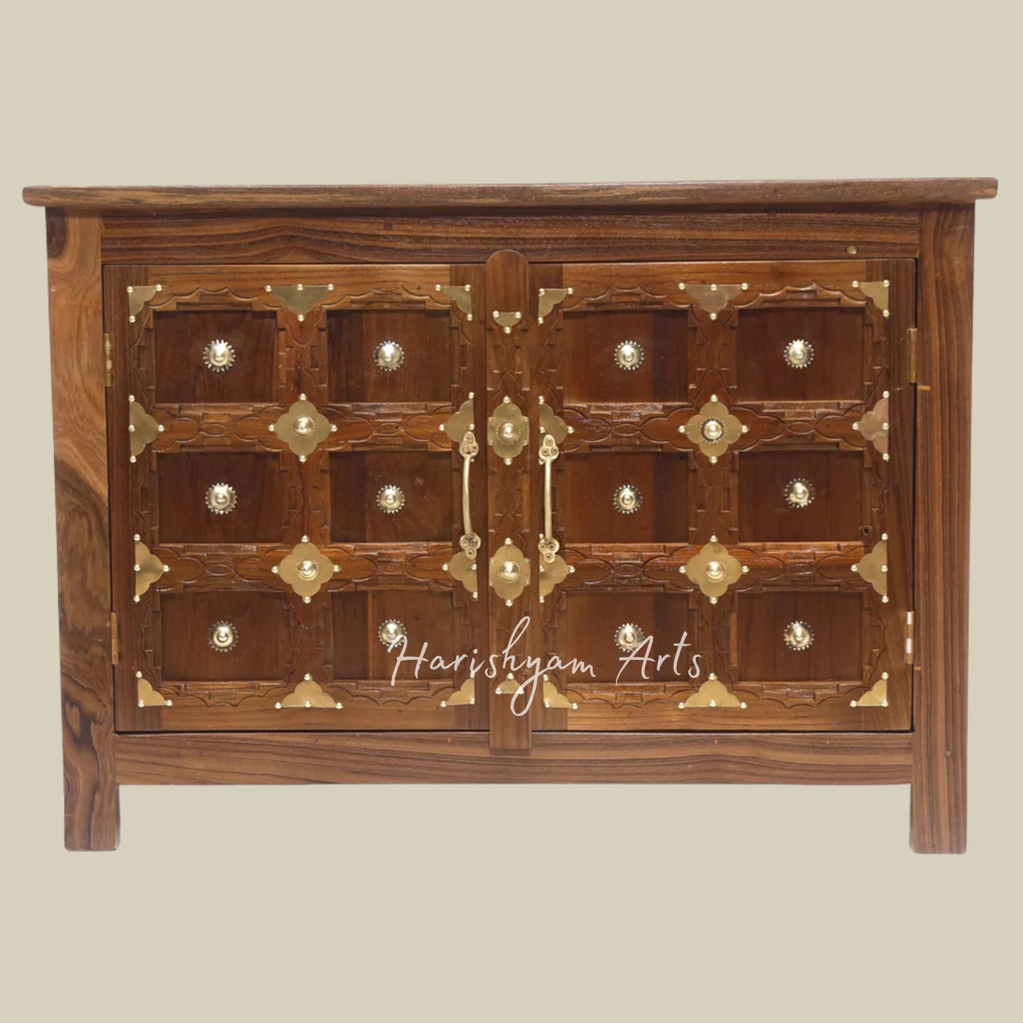 Teakwood Shoe Cabinet with Brass Carved Jali Design