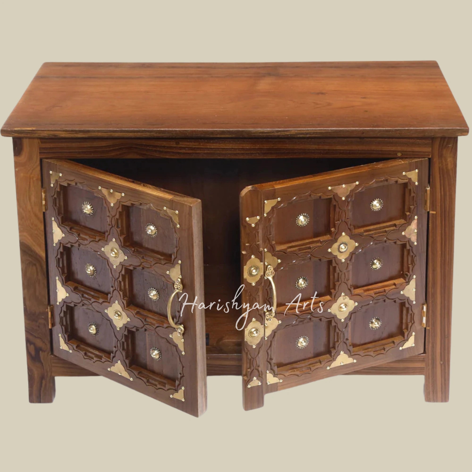 Teakwood Shoe Cabinet with Brass Carved Jali Design1