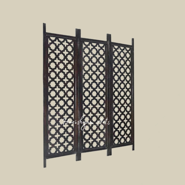 Traditional 3 Panel Wooden Room Divider with Indian Carvings