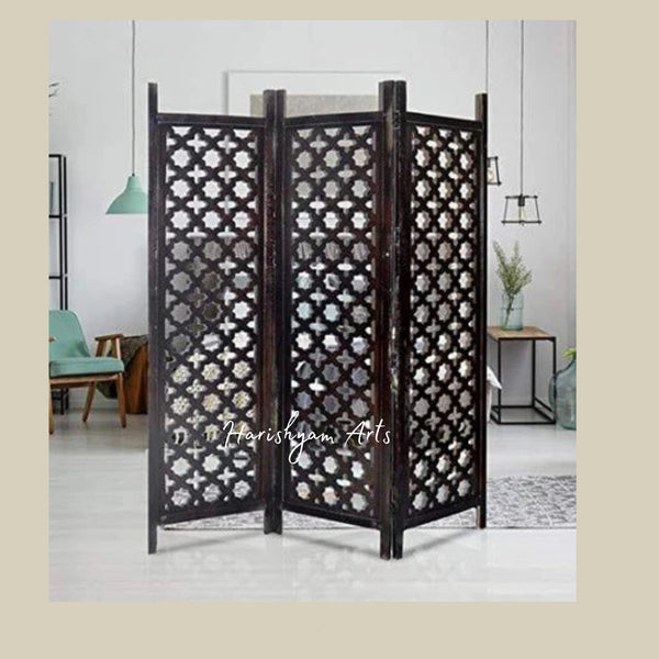 Traditional 3 Panel Wooden Room Divider with Indian Carvings