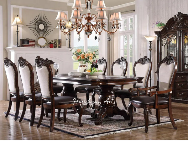 Traditional 7-Piece Dining Table Set with Cherry Finish PU and Linen Chairs