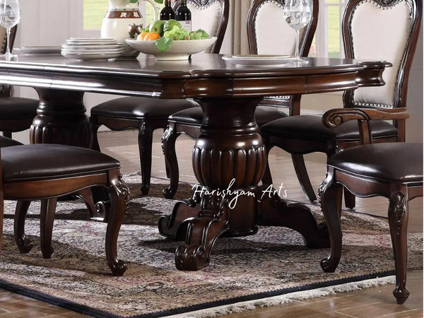 Traditional 7-Piece Dining Table Set with Cherry Finish PU and Linen Chairs